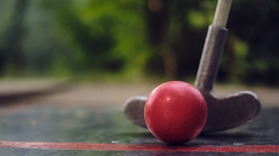 mini golfová palica s červenou golfovou loptičkou