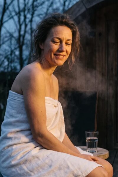 Žena zabalená v uteráku odpočíva na drevenej terase záhradnej sauny za súmraku, vedľa nej pohár vody.